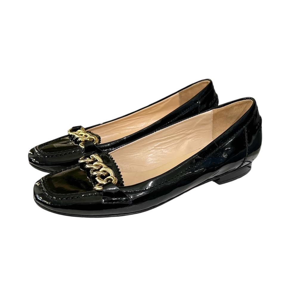 St. John Black Patent Leather Flats with Gold Chain Accent